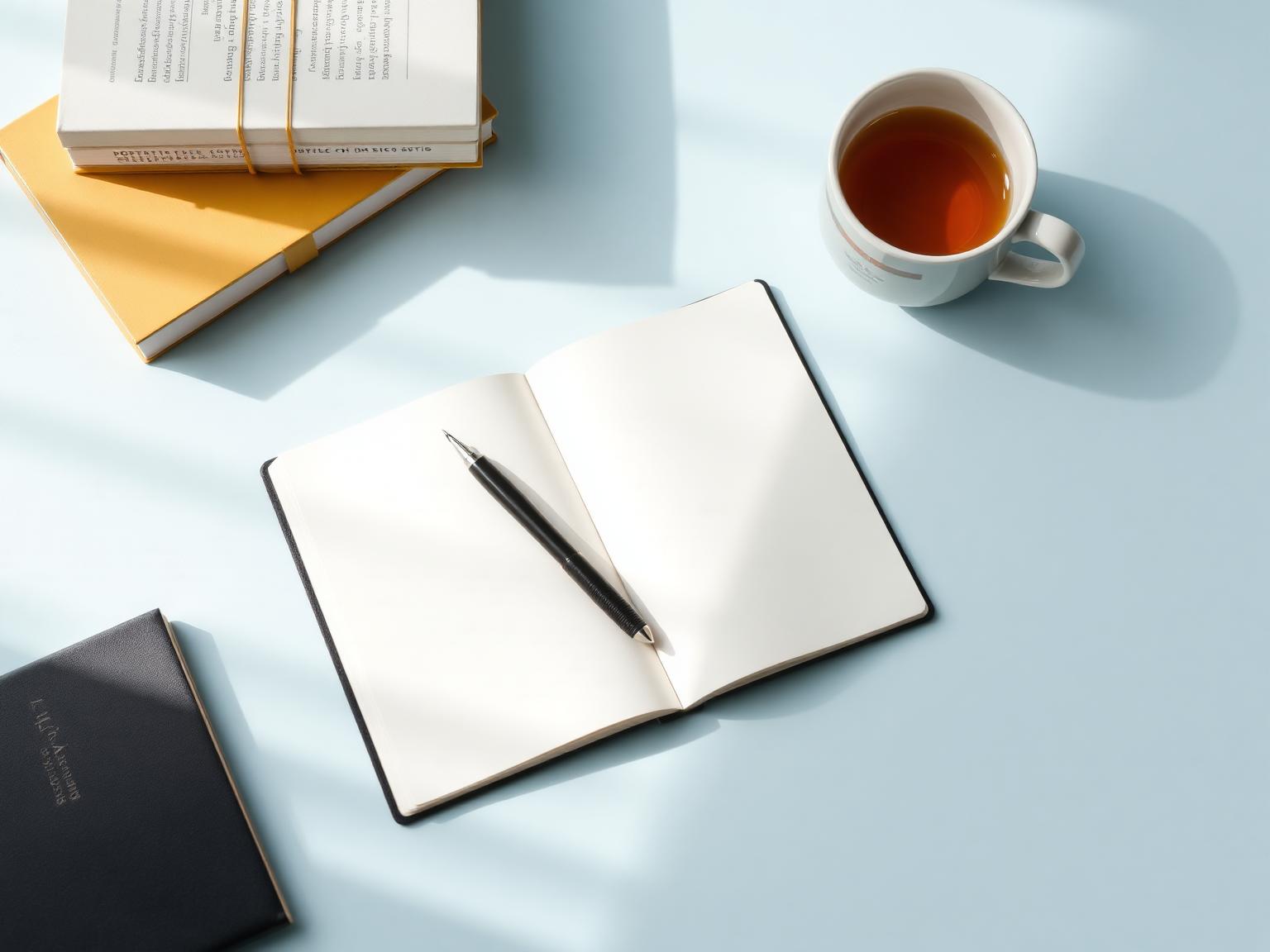 Open notebook and tea on a soft blue desk